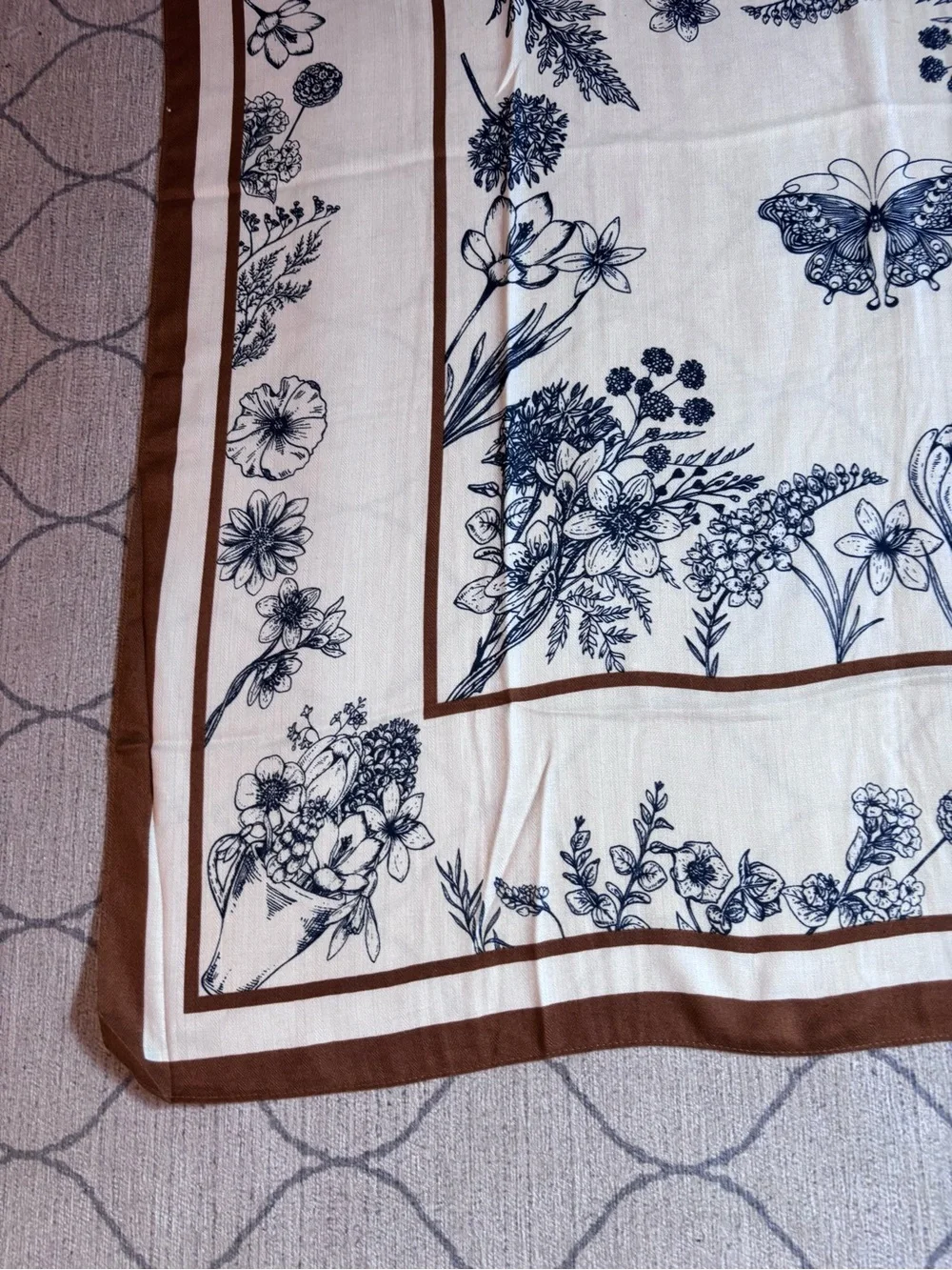 Botanical Floral & Butterfly Square Scarf – Ivory, Navy & Cognac Brown